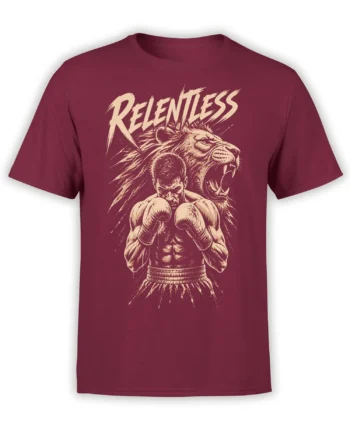 Relentless boxer and roaring lion graphic printed in cream on a burgundy T-shirt