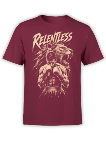 Relentless boxer and roaring lion graphic printed in cream on a burgundy T-shirt