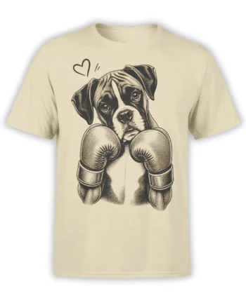 Beige boxer dog T-shirt featuring a vintage illustration of the puppy in boxing gloves with a heart above