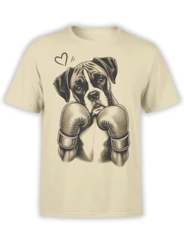 Beige boxer dog T-shirt featuring a vintage illustration of the puppy in boxing gloves with a heart above