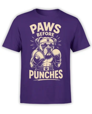 Purple bulldog boxing T-shirt with cream Paws Before Punches lettering and paw-print gloves
