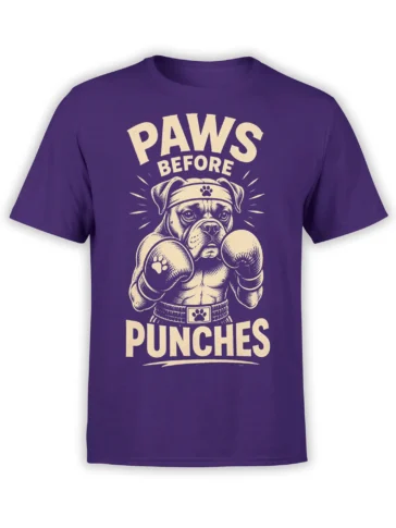 Purple bulldog boxing T-shirt with cream Paws Before Punches lettering and paw-print gloves
