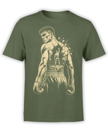 Vintage boxer breaking through a wall with a smaller fighter punching upward on an olive green T-shirt