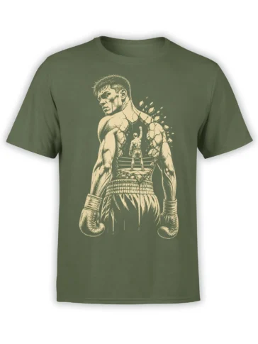 Vintage boxer breaking through a wall with a smaller fighter punching upward on an olive green T-shirt