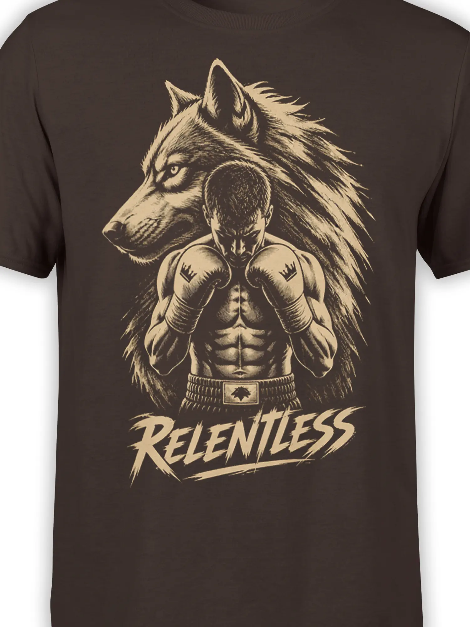 Close-up of the relentless wolf and boxer design printed in cream on a dark brown T-shirt