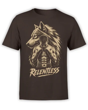 Relentless wolf and focused boxer graphic with cream lettering on a dark brown T-shirt