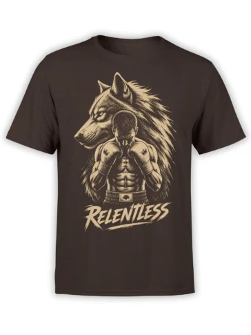 Relentless wolf and focused boxer graphic with cream lettering on a dark brown T-shirt