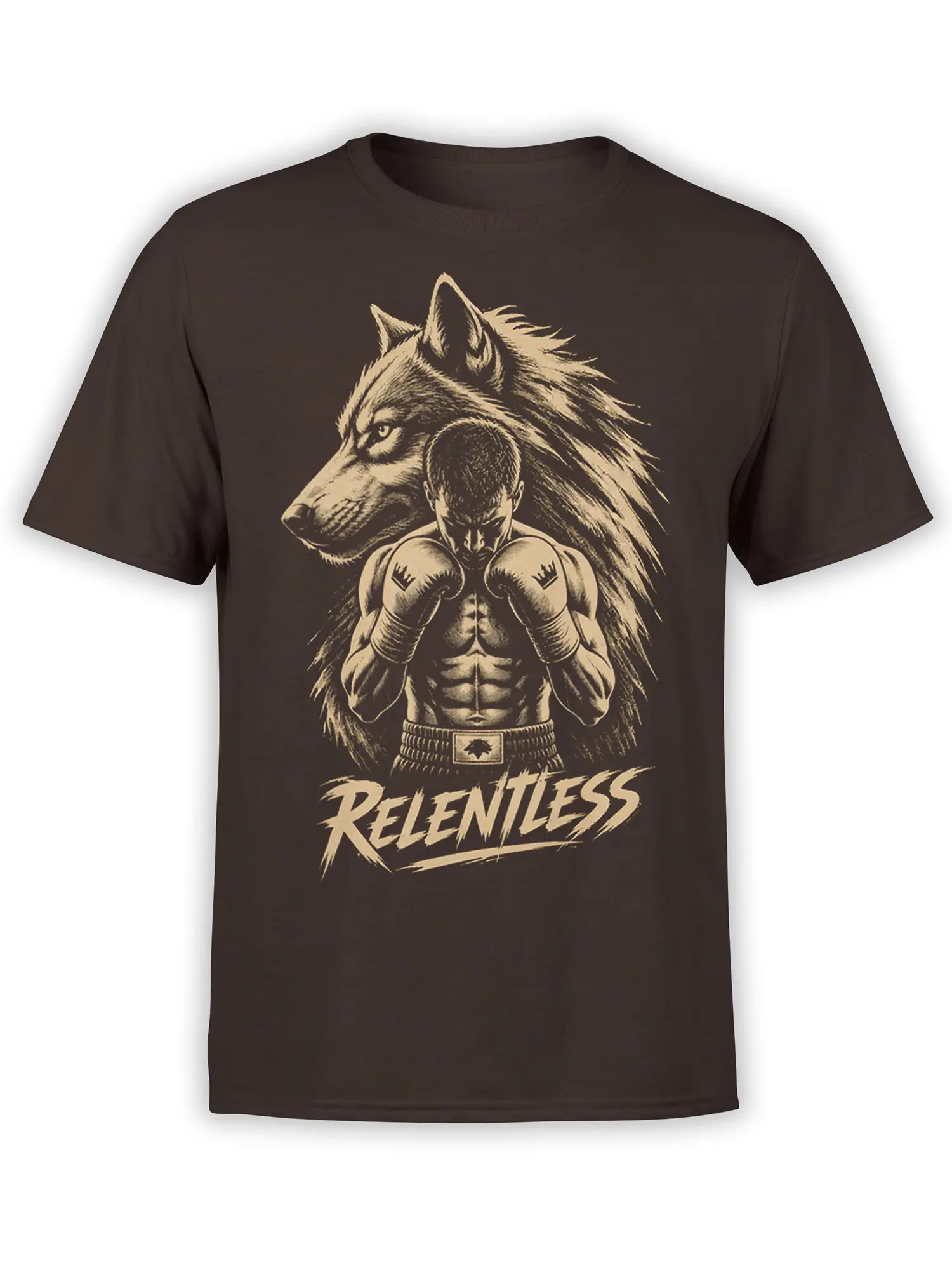Relentless wolf and focused boxer graphic with cream lettering on a dark brown T-shirt