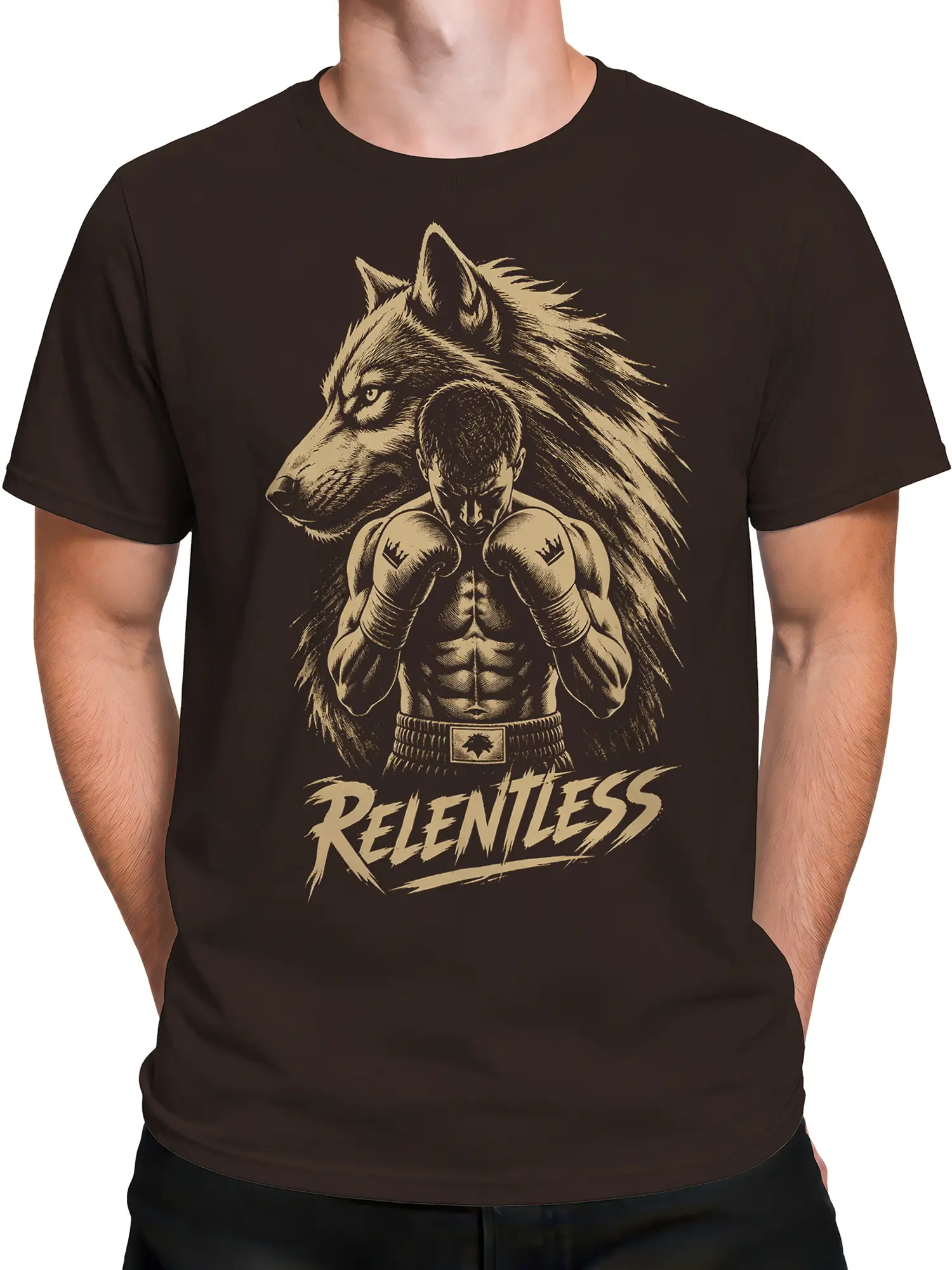 Male torso wearing a dark brown T-shirt with a relentless wolf and boxer graphic