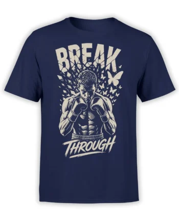 Nav​​y boxer t-shirt with gloves, butterflies, and distressed BREAK THROUGH lettering