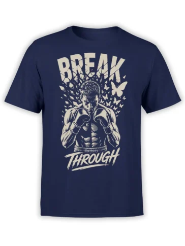 Nav​​y boxer t-shirt with gloves, butterflies, and distressed BREAK THROUGH lettering