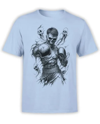 Light blue boxing T-shirt featuring a skull-faced fighter in gloves with ghostly skulls behind him
