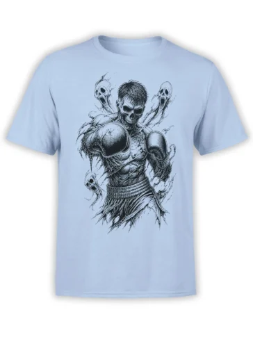 Light blue boxing T-shirt featuring a skull-faced fighter in gloves with ghostly skulls behind him