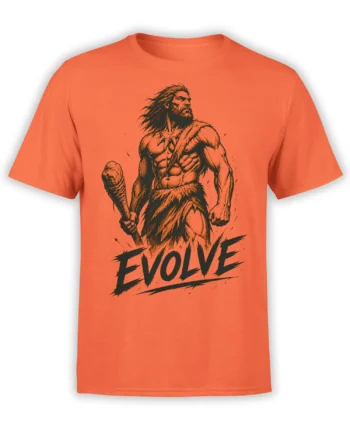 Orange warrior T-shirt with a muscular club-wielding figure, fur clothing, and bold black “EVOLVE” lettering
