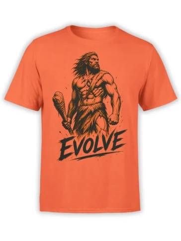 Orange warrior T-shirt with a muscular club-wielding figure, fur clothing, and bold black “EVOLVE” lettering