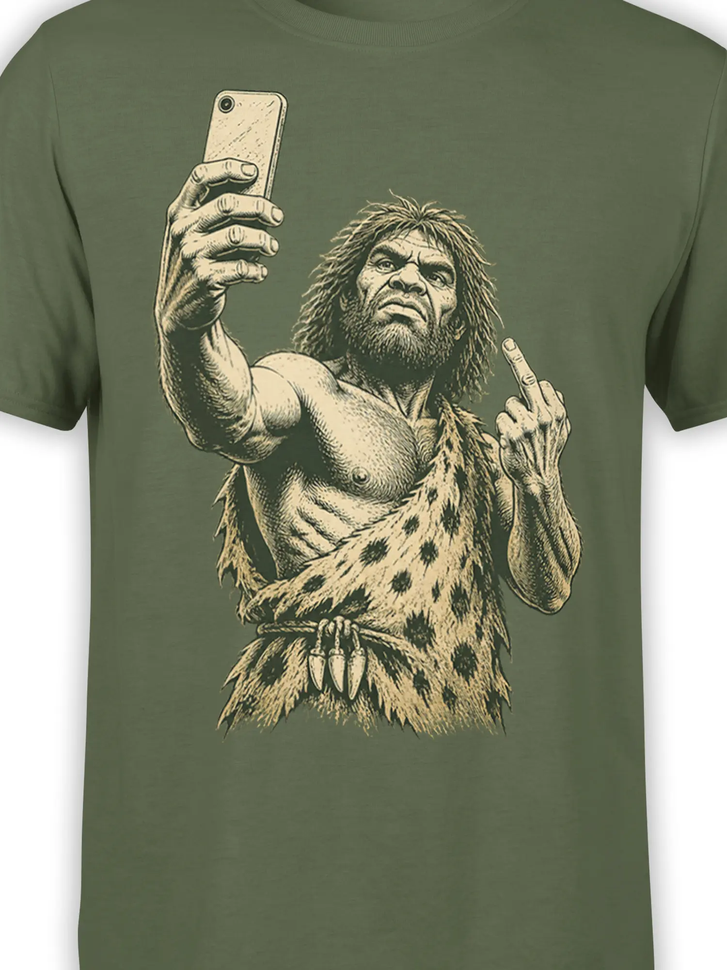 Close-up of the caveman selfie artwork and raised middle finger on an olive green graphic tee