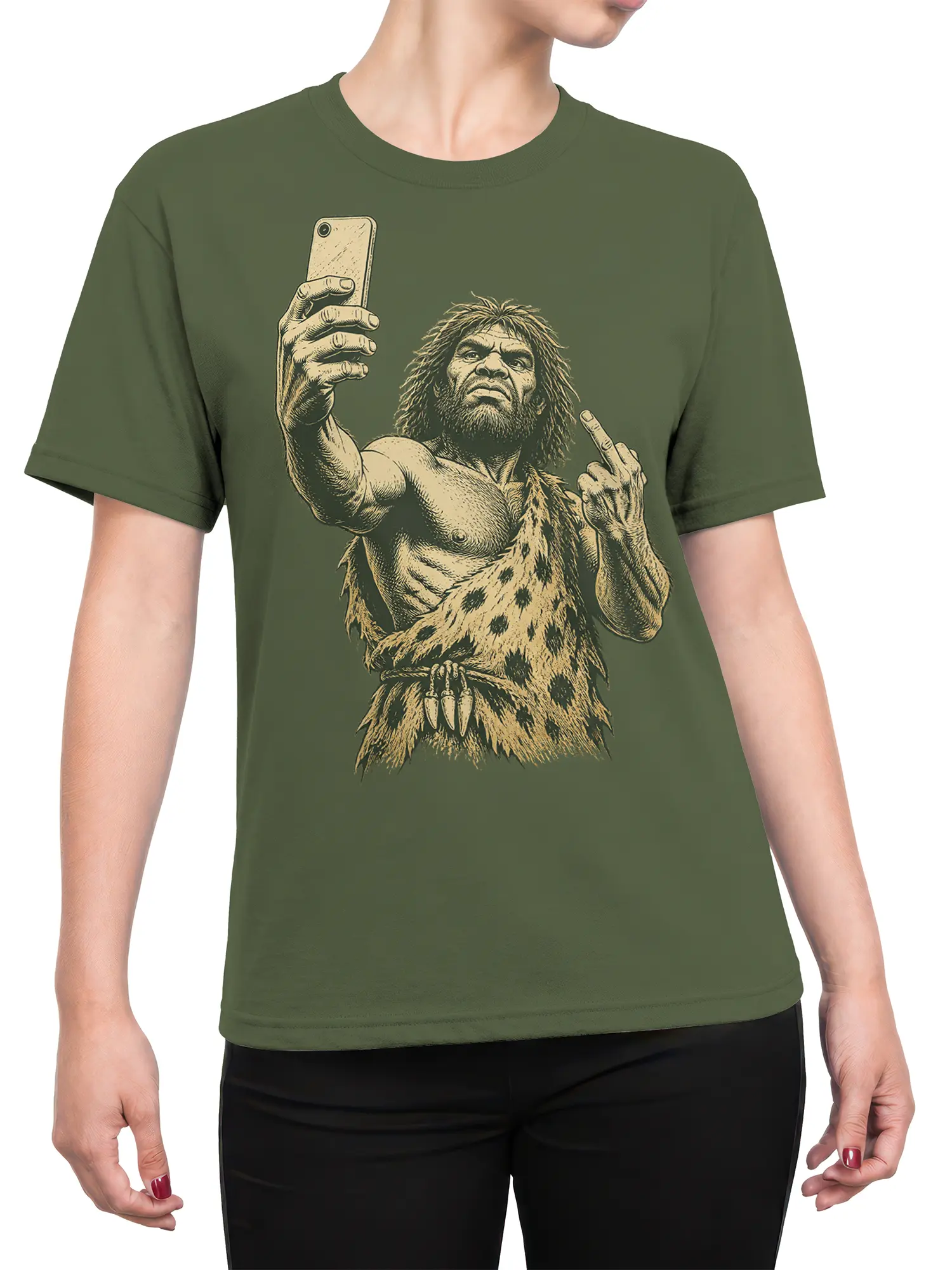 Female torso wearing an olive green caveman selfie t-shirt with a vintage prehistoric illustration