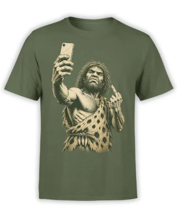 Olive green caveman t-shirt with a prehistoric man taking a selfie and raising a middle finger
