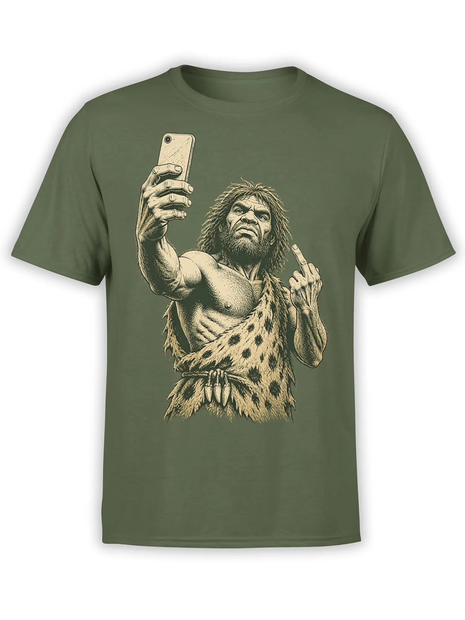 Olive green caveman t-shirt with a prehistoric man taking a selfie and raising a middle finger
