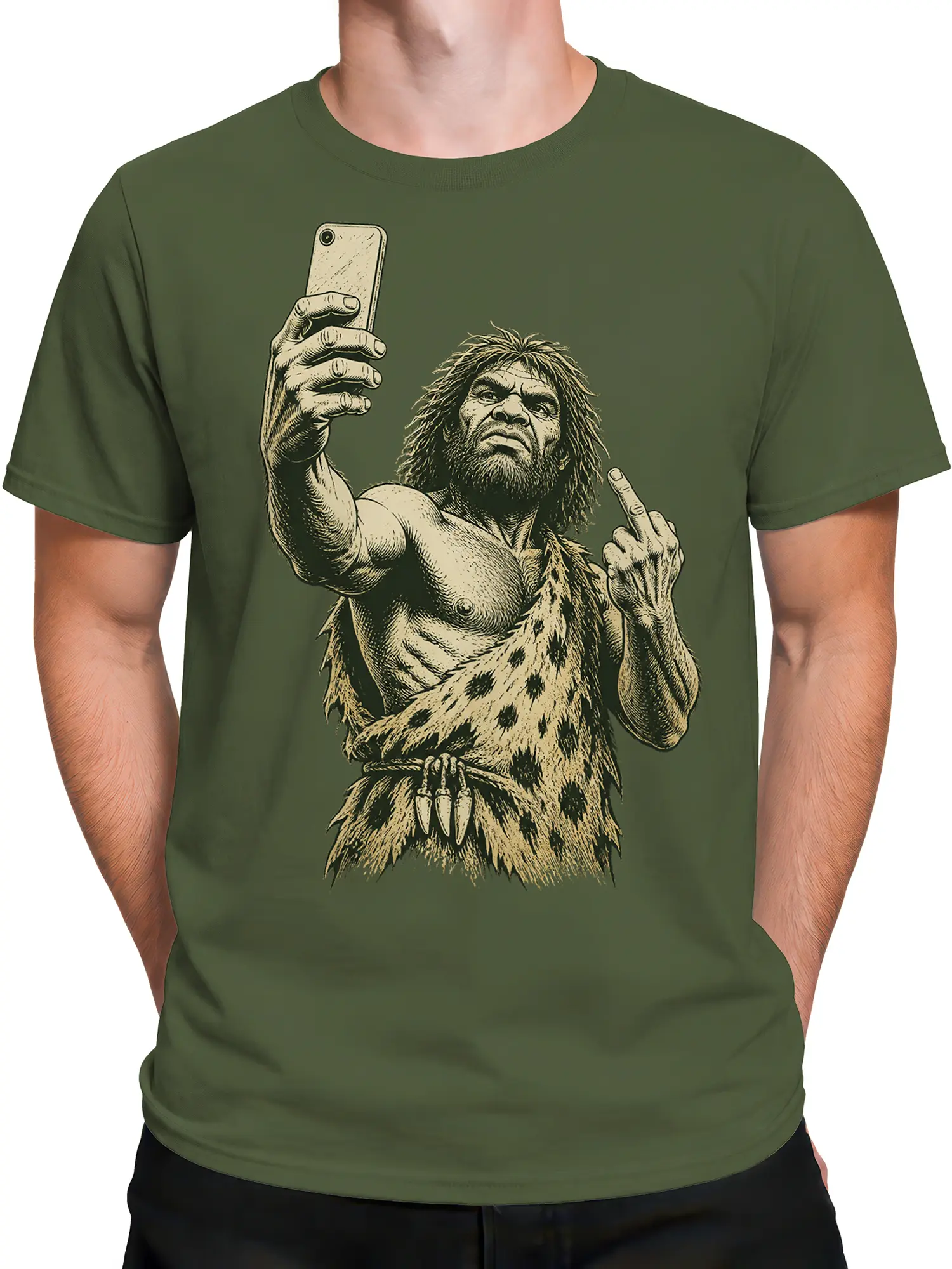 Male torso wearing an olive green caveman selfie t-shirt with a rugged engraved-style design