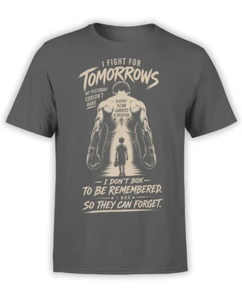 Gray boxing t-shirt with a back-view boxer, child, cream lettering, gloves, and a motivational message about tomorrow