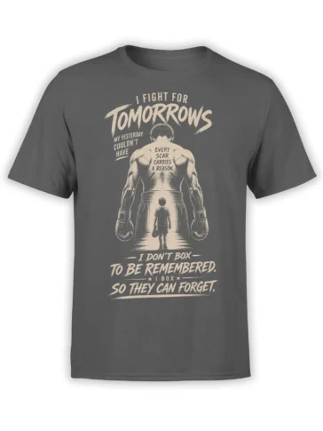Gray boxing t-shirt with a back-view boxer, child, cream lettering, gloves, and a motivational message about tomorrow
