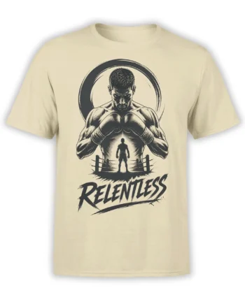 Beige T-shirt with a vintage boxing ring graphic, determined fighter, shadowed figure, and RELENTLESS text
