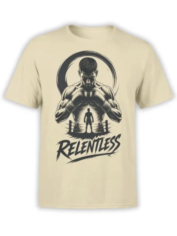 Beige T-shirt with a vintage boxing ring graphic, determined fighter, shadowed figure, and RELENTLESS text