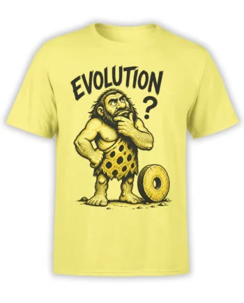 Yellow caveman evolution T-shirt with vintage black illustration, stone wheel, bold text, and question mark