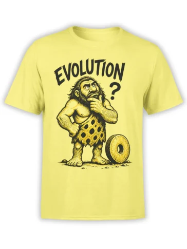 Yellow caveman evolution T-shirt with vintage black illustration, stone wheel, bold text, and question mark