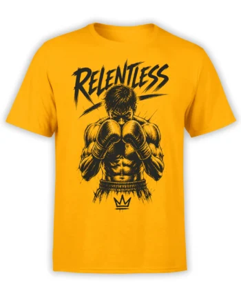 Relentless boxer T-shirt in orange with raised gloves, bold black lettering, and a crown emblem