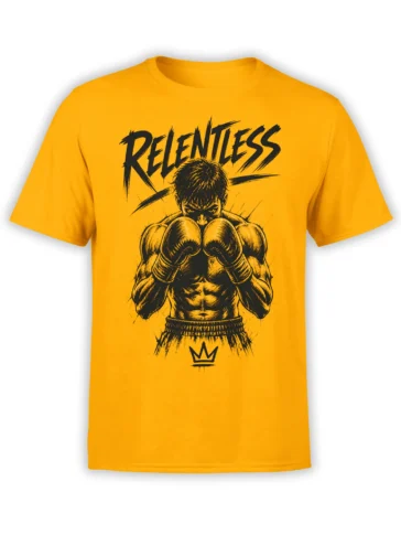 Relentless boxer T-shirt in orange with raised gloves, bold black lettering, and a crown emblem