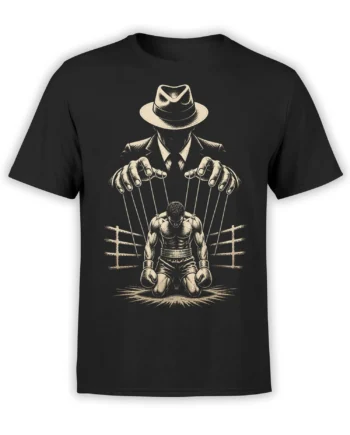 Black boxing T-shirt with vintage artwork of a kneeling fighter controlled by a fedora-wearing figure