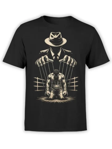 Black boxing T-shirt with vintage artwork of a kneeling fighter controlled by a fedora-wearing figure