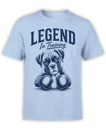Light blue boxer puppy t-shirt with oversized boxing gloves and “Legend In Training” design