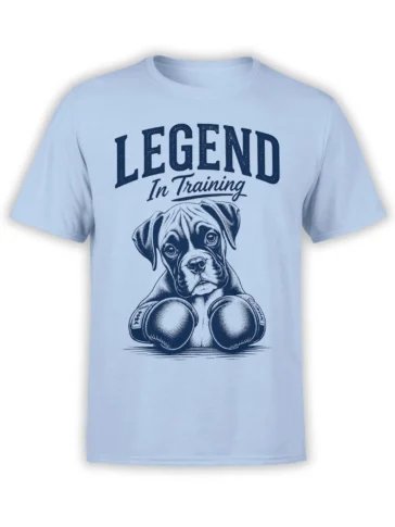 Light blue boxer puppy t-shirt with oversized boxing gloves and “Legend In Training” design
