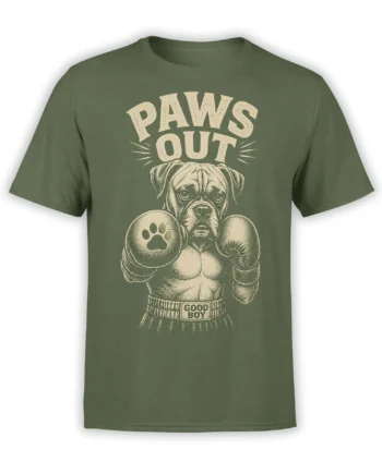 Green T-shirt with a vintage bulldog wearing boxing gloves and Paws Out lettering