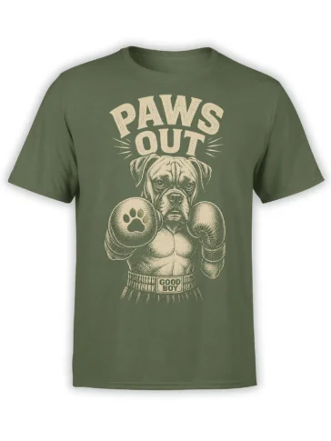 Green T-shirt with a vintage bulldog wearing boxing gloves and Paws Out lettering