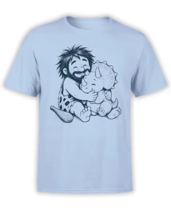 Light blue dinosaur T-shirt featuring a smiling caveman hugging a baby triceratops beside a wooden club
