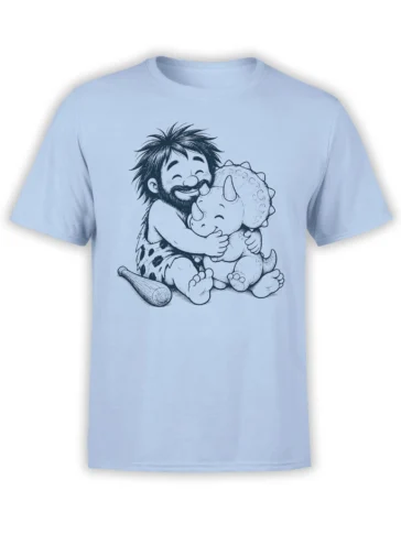 Light blue dinosaur T-shirt featuring a smiling caveman hugging a baby triceratops beside a wooden club