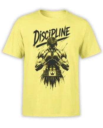 Yellow boxing T-shirt with a focused boxer, gloves, crown belt, and bold Discipline lettering