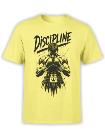 Yellow boxing T-shirt with a focused boxer, gloves, crown belt, and bold Discipline lettering