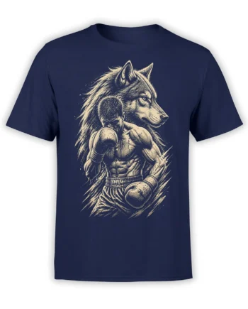 Vintage wolf and boxer artwork printed on a navy T-shirt with cream-colored etched details
