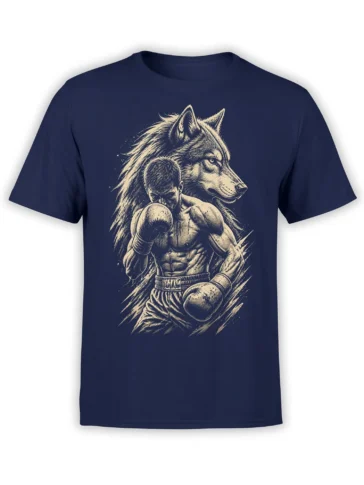 Vintage wolf and boxer artwork printed on a navy T-shirt with cream-colored etched details