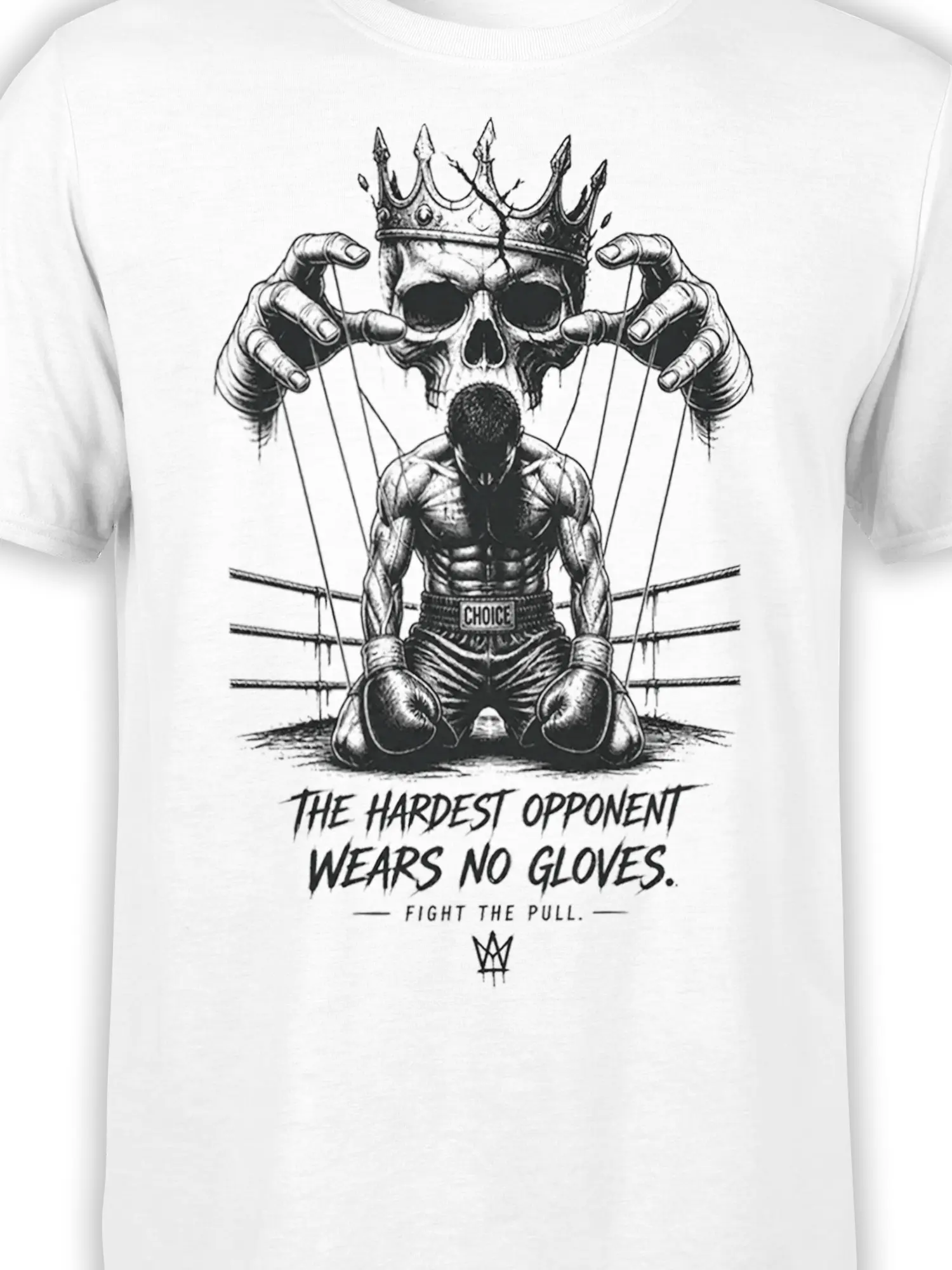 Close-up of crowned skull and boxer artwork with puppet strings on a white boxing T-shirt