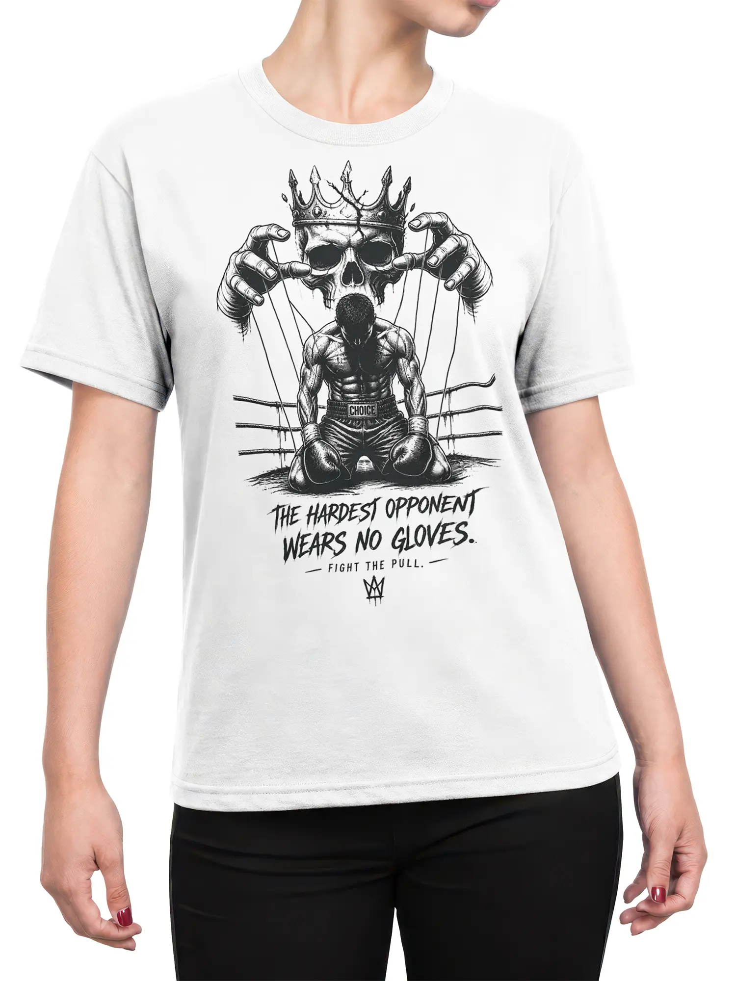 Female torso wearing a white boxing T-shirt with crowned skull, fighter, and puppet string artwork