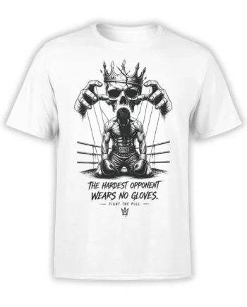 White boxing T-shirt with kneeling fighter, crowned skull, puppet strings, and “The hardest opponent wears no gloves” text