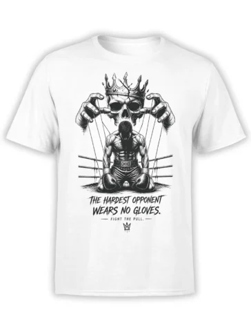 White boxing T-shirt with kneeling fighter, crowned skull, puppet strings, and “The hardest opponent wears no gloves” text