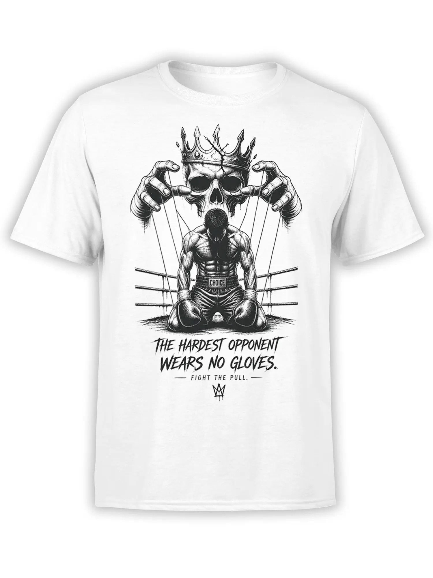 White boxing T-shirt with kneeling fighter, crowned skull, puppet strings, and “The hardest opponent wears no gloves” text