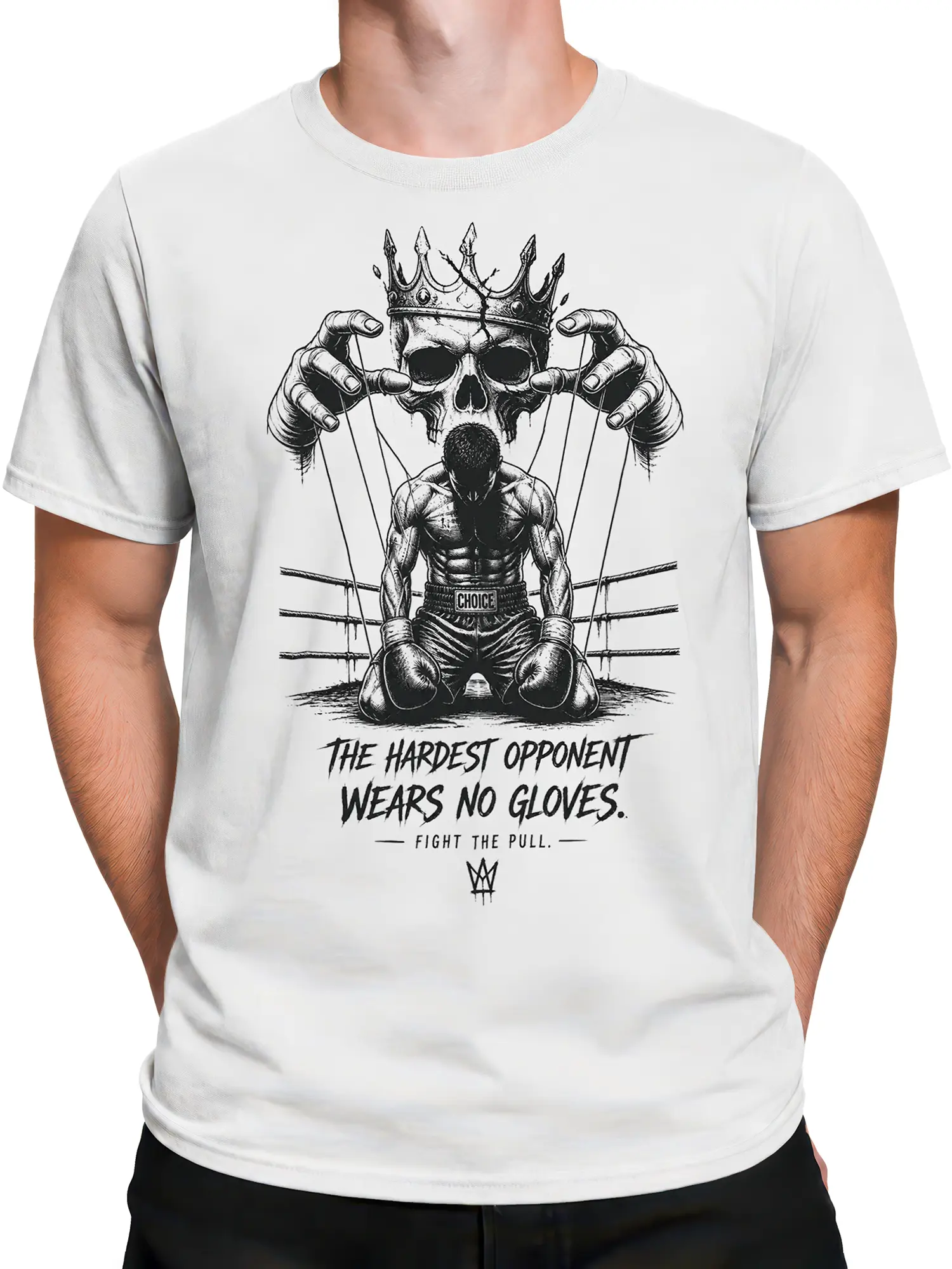 Male torso wearing a white boxing T-shirt with kneeling fighter and crowned skull graphic